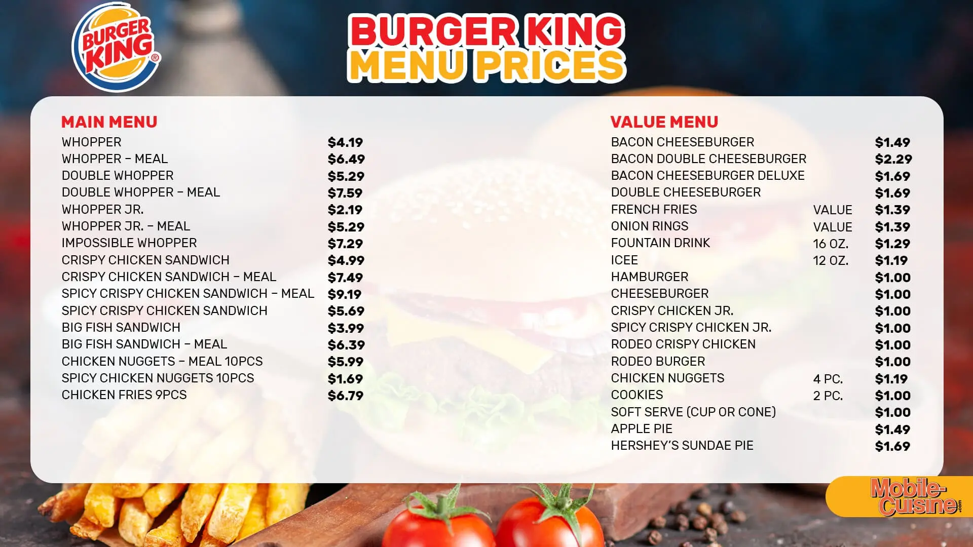 Burger King menu list with prices